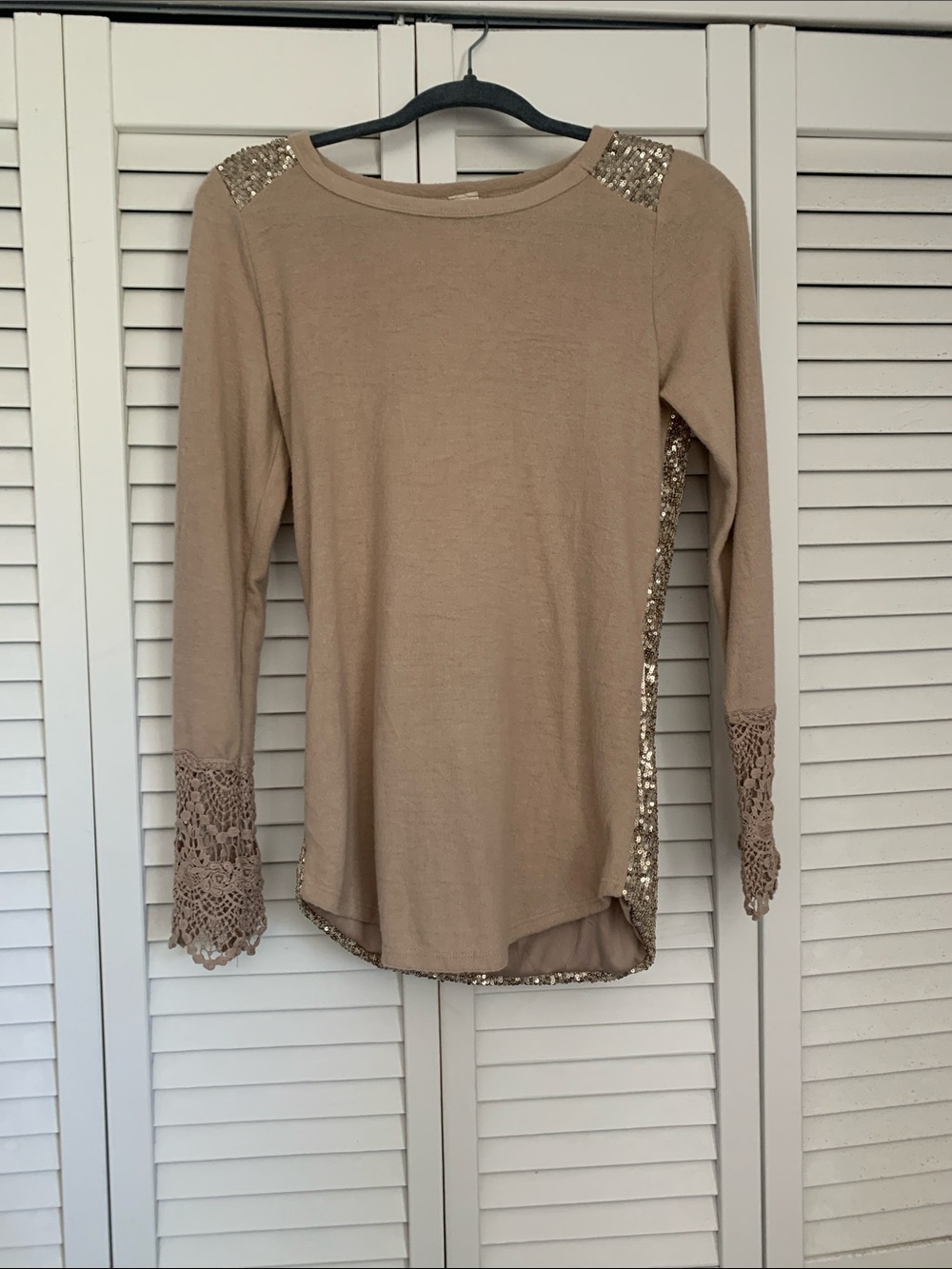7th Ray Neutral Beige Long Sleeve Top with Sequin & Crochet Trim